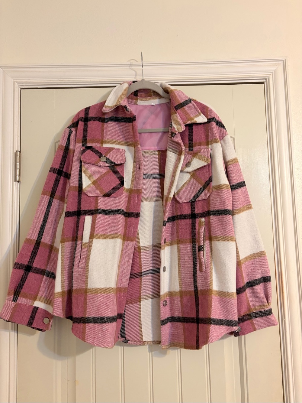 Amazon Pink & Cream Plaid Teddy Shacket Jacket